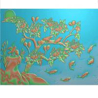 鲤鱼花鸟牡丹花草石头浮雕图（MD-145）