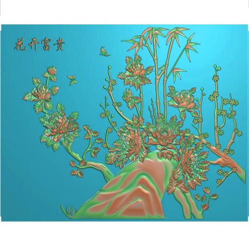 梅花竹子牡丹花草石头浮雕图（MD-148）