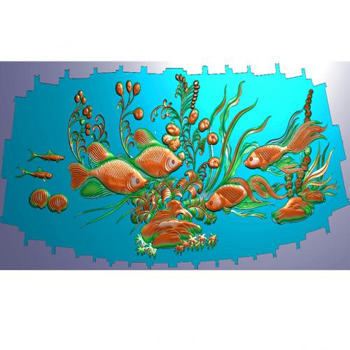 鲤鱼戏莲背板精雕图（CTBB-4160）