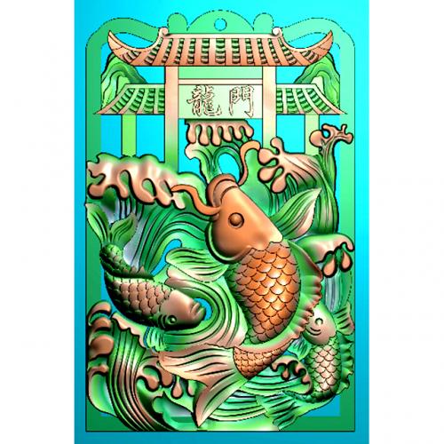 鱼跃龙门四六牌雕刻图（SLP-0121）