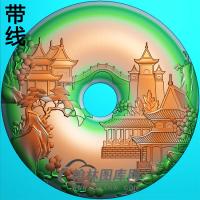 山水建筑平安扣精雕图(PAK-154)