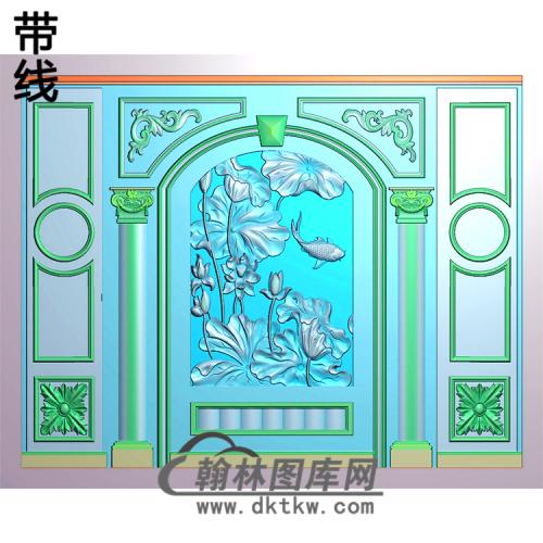 荷花鱼整体背景墙精雕图(BJQ-007)