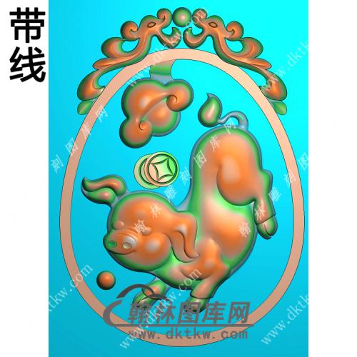 双龙牌头如意猪挂件带线精雕图（GZ-049)