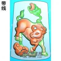 玉雕梯形灵芝如意牛挂件带线精雕图（GN-18)