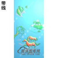 山水双马挂件带线精雕图（GM-129)