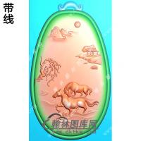 椭圆山水双马挂件带线精雕图（GM-159)