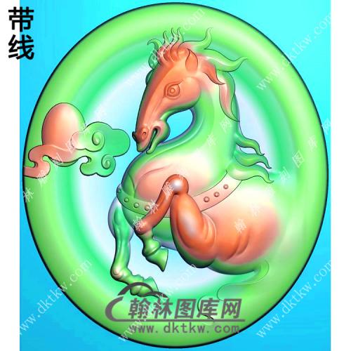 玉雕椭圆半身马挂件带线精雕图（GM-183)