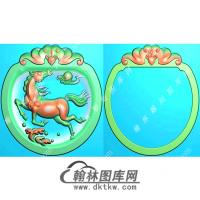 玉雕圆形双面凹底蝙蝠牌头马挂件精雕图（GM-181)