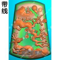 玉雕梯形山水梅花鹿挂件带线精雕图（GL-020)