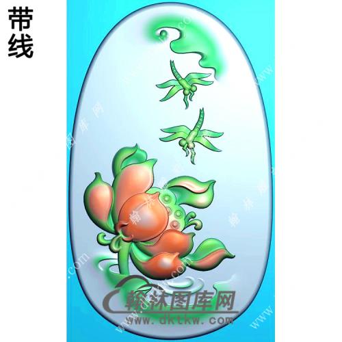 椭圆蜻蜓荷花挂件带线精雕图（HLN-083)