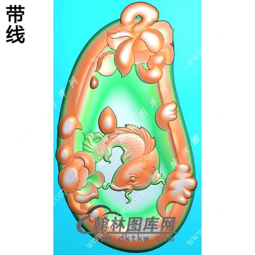 玉雕随形凹底荷花鱼挂件带线精雕图（GJY-183)