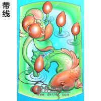 玉雕梯形凹底荷花鱼挂件带线精雕图（GJY-135)