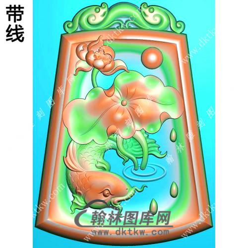 玉雕梯形凹底双龙牌头荷花鱼挂件带线精雕图（GJY-139)