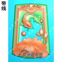 玉雕梯形凹底洋花牌头荷叶鱼挂件带线精雕图（GJY-146)