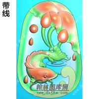 玉雕椭圆凹底荷叶鱼挂件带线精雕图（GJY-180)