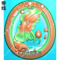 玉雕椭圆凹底洋花牌头荷叶鱼挂件带线精雕图（GJY-200)