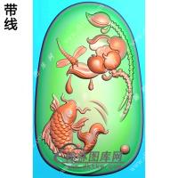 玉雕椭圆弧面蜻蜓莲花鲤鱼挂件精雕图（GJY-201)