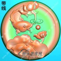 玉雕圆形凹底荷花鱼挂件带线精雕图（GJY-133)