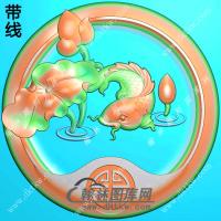玉雕圆形凹底荷花鱼挂件带线精雕图（GJY-176)