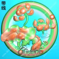 玉雕圆形凹底荷花鱼挂件带线精雕图（GJY-177)