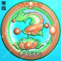玉雕圆形凹底莲花鱼挂件带线精雕图（GJY-175)
