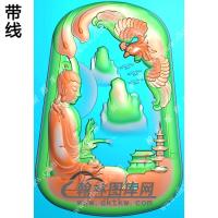 玉雕梯形凹底山水凤凰观音挂件带线精雕图（CGY-061)