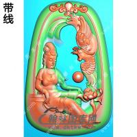 玉雕梯形凹底洋花牌头莲花凤凰自在坐观音挂件带线精雕图（CGY-067)
