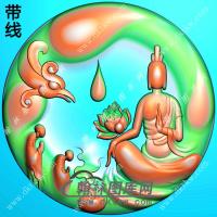 玉雕圆形凹底凤凰香炉莲花悟道无相坐观音挂件带线精雕图（CGY-072)