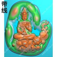 玉雕随形凹底手托净瓶坐莲狮子文殊菩萨挂件带线精雕图（PXF-225)