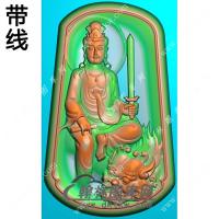 玉雕梯形凹底手持宝剑坐狮文殊菩萨挂件带线精雕图（PXF-208)