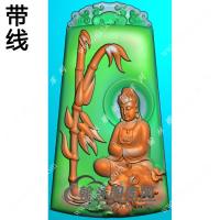 玉雕梯形云纹牌头竹子狮子坐文殊菩萨挂件带线精雕图（PXF-145)