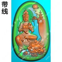 玉雕椭圆凹底山水狮子头文殊菩萨挂件带线精雕图（PXF-128)