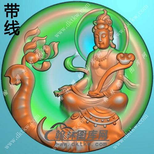 玉雕圆形凹底手持如意莲花坐象头普贤菩萨挂件带线精雕图（PXF-220)