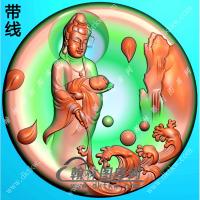 玉雕圆形凹底山水手持净瓶站立送子观音挂件带线精雕图（SZ-051)