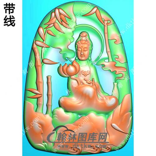 玉雕梯形凹底竹子净瓶手持莲花坐山水观音挂件带线精雕图（SGY-218)