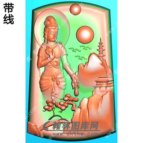 玉雕梯形手持净瓶站立山水观音挂件带线精雕图（SGY-257)