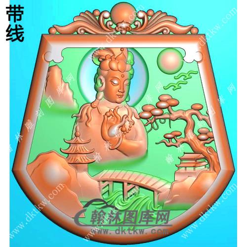 玉雕梯形洋花牌头山水半身观音挂件带线精雕图（SGY-174)