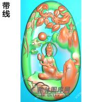 玉雕椭圆凹底菩提树下手持莲花坐石山水观音挂件带线精雕图（SGY-231)