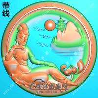 玉雕圆形凹底莲花自在坐山水观音挂件带线精雕图（SGY-332)