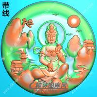 玉雕圆形凹底手托净瓶山水坐观音挂件带线精雕图（SGY-189)
