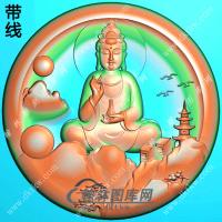 玉雕圆形凹底手托净瓶正坐山水观音挂件带线精雕图（SGY-334)
