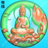 玉雕圆形凹底悟道坐菩提树枝山水观音挂件带线精雕图（SGY-188)