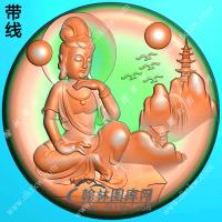 玉雕圆形凹底自在坐石山水观音挂件带线精雕图（SGY-331)