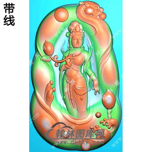 玉雕随形浪花凹底悟道手持莲花站立观音挂件带线精雕图（OGY-375)