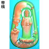 玉雕梯形凹底香炉站莲台观音挂件带线精雕图（OGY-348)