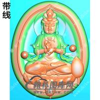 玉雕椭圆凹底坐莲观音挂件带线精雕图（LGY-120)