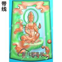 玉雕梯形凹底浪花鲤鱼手捏佛珠手托净瓶坐石观音挂件带线精雕图（ZGY-632)