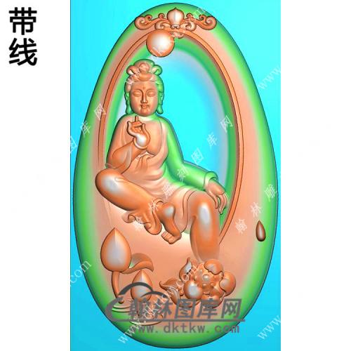 玉雕椭圆凹底洋花牌头脚踩莲花自在坐观音挂件带线精雕图（ZGY-556)