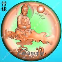玉雕圆形凹底悟道坐云观音挂件精雕图（ZGY-587)