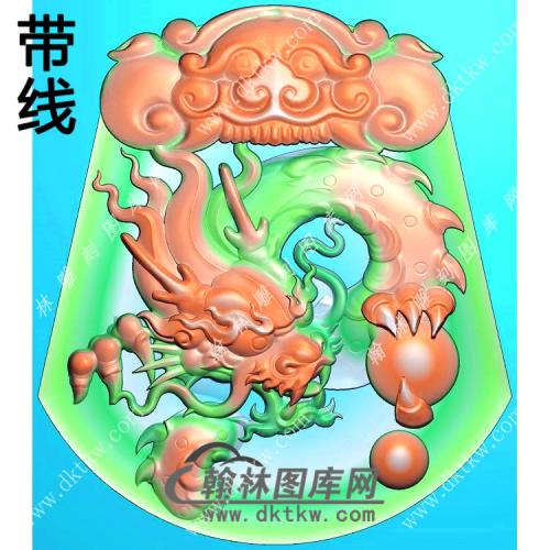 玉雕梯形凹底兽头兽面牌头龙牌挂件带线精雕图（GLF-186)